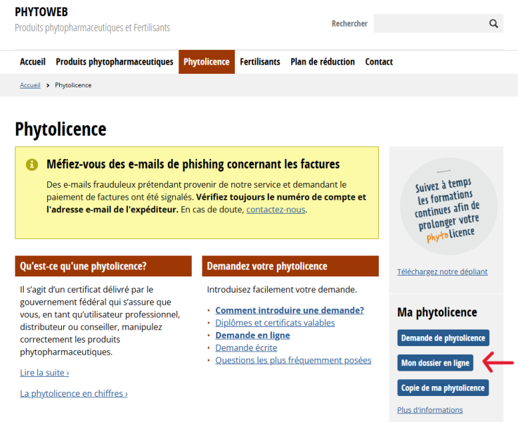 Compte en ligne phytolicence : se connecter